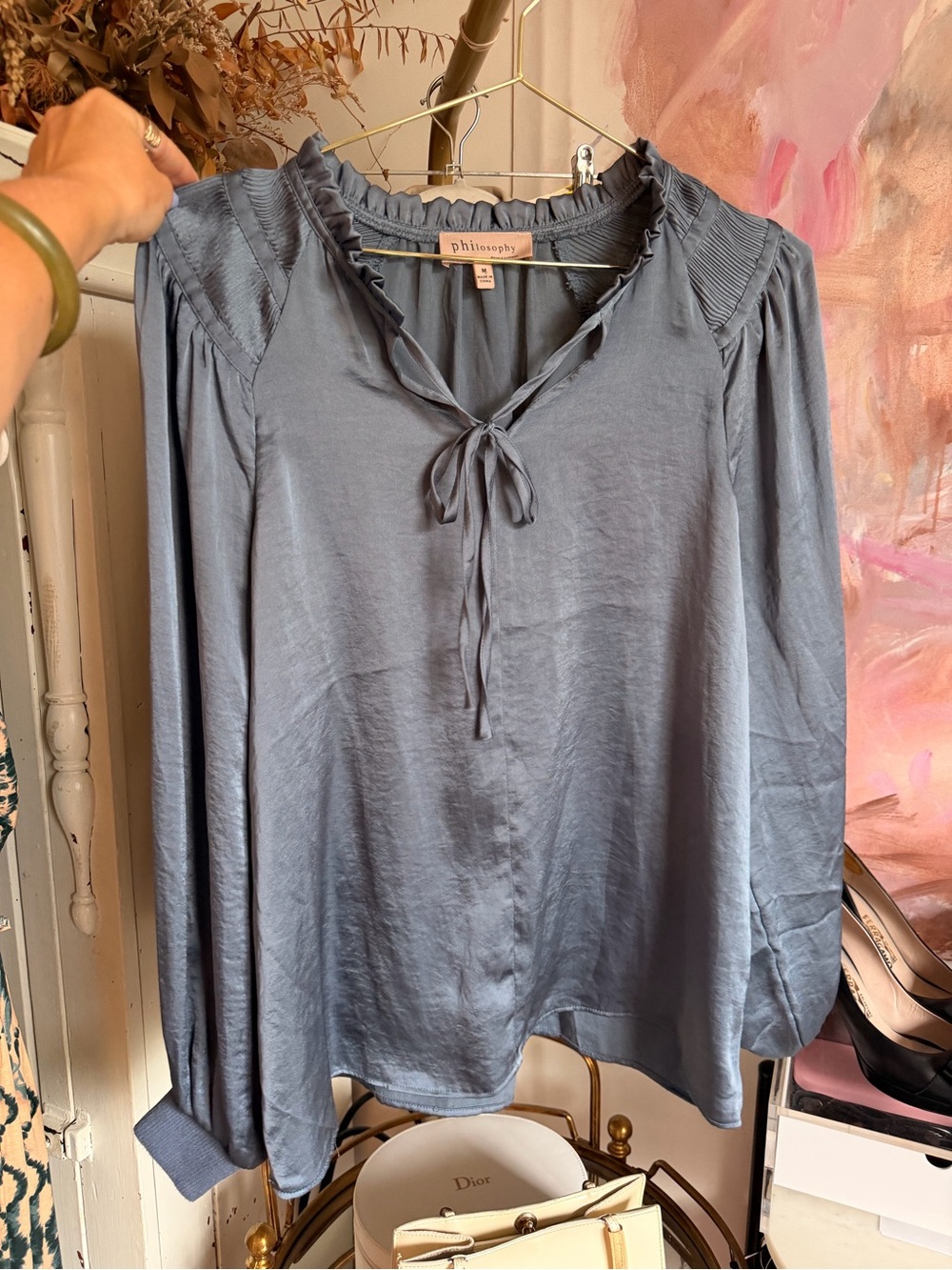 Philosophy Dusty Blue Tie-Front Long Sleeve Blouse